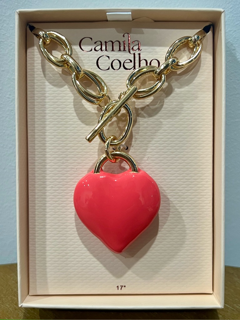 Camila Coelho Gold Chain Necklace Pink Heart Pendant Toggle Statement 17” Nwt